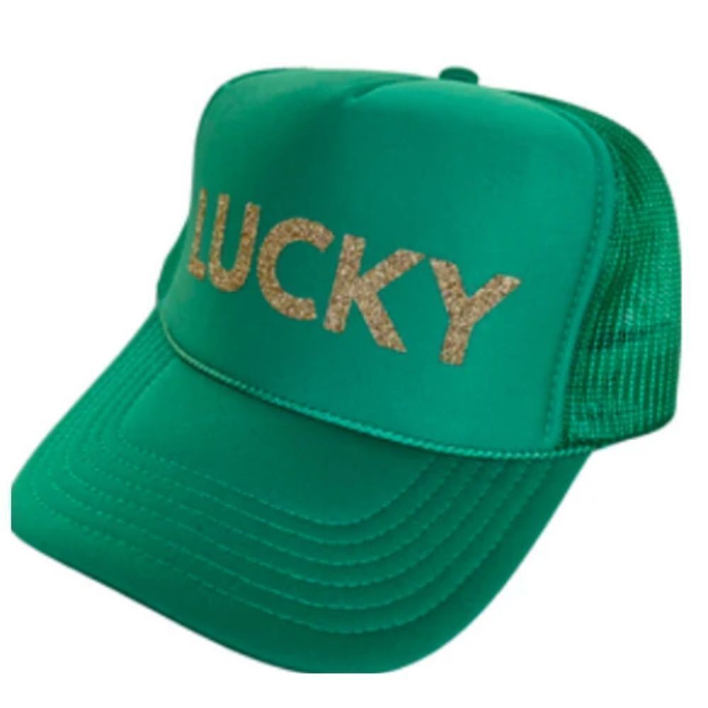 Gold Glitter LUCKY Green Trucker Hat - BRAND NEW Snap Back